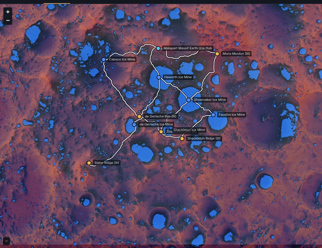 Map of the lunar south pole showing sunlight, shadowed ice traps in blue and a network of planned highways
