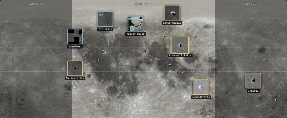 Map of the Moon with orbital photos of skylight pits and rilles pinned to their locations