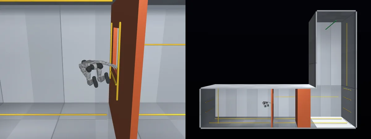 Simulated humanoid robot floating inside a space station module